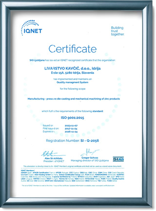 Livarstvo Kavčič certifikat ISO 9001:2015