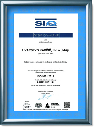 Livarstvo Kavčič certifikat ISO 9001:2015